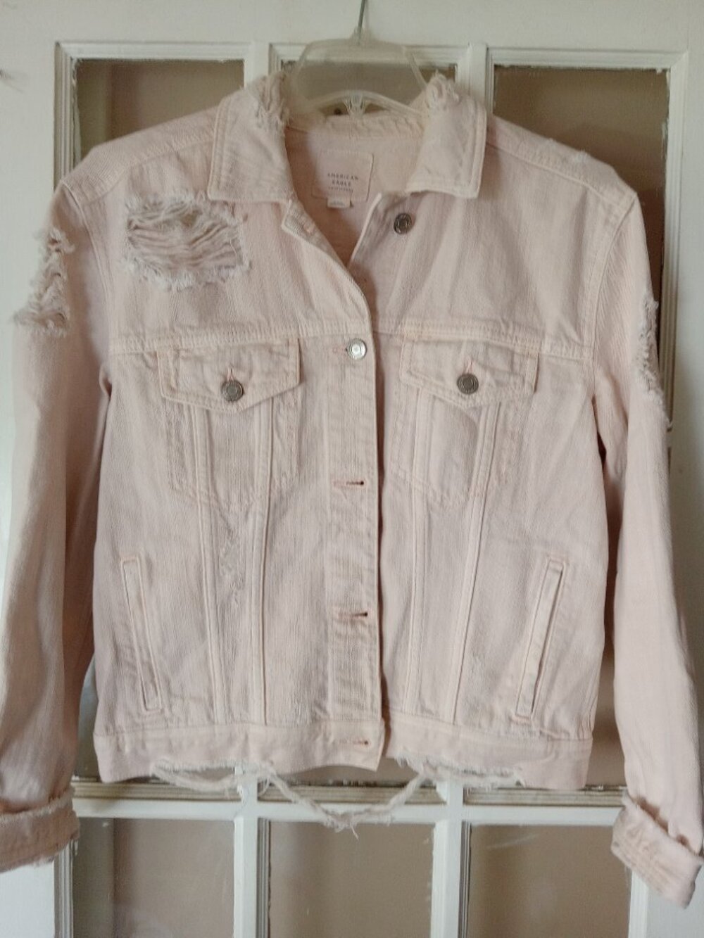 American Eagle AE Womens Destroyed Classic Light Pink Jean Denim Jean Jacket